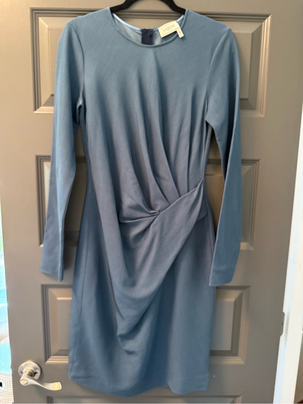 Lanvin Paris Dusty Blue Long-Sleeve Draped Waist Dress, size 40/6-8/Medium